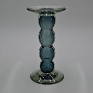 Teal hand blown glass pillar candle holder Approx 8" tall